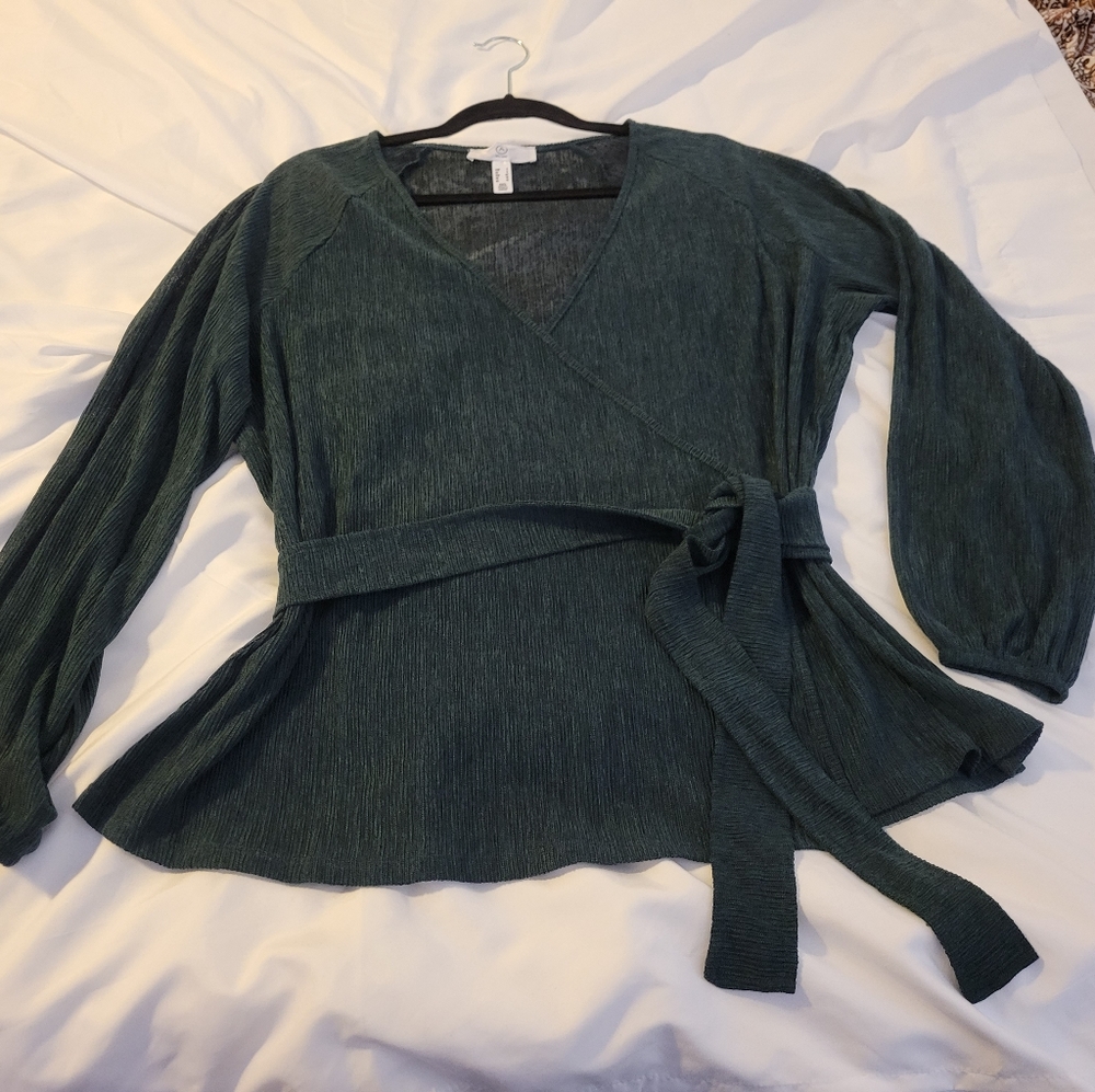 Dark green ribbed wrap top balloon sleeves Sz X